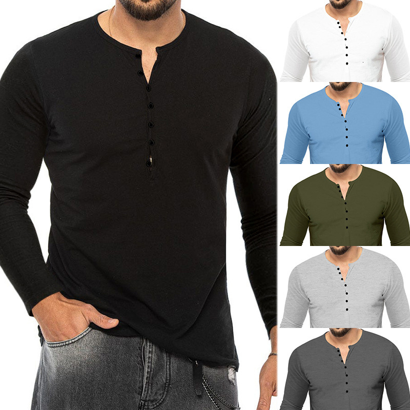 2025 New Men's Spring and Autumn Long Sleeve T-Shirt Slim Fit Button V-Neck Thin Base Shirt
