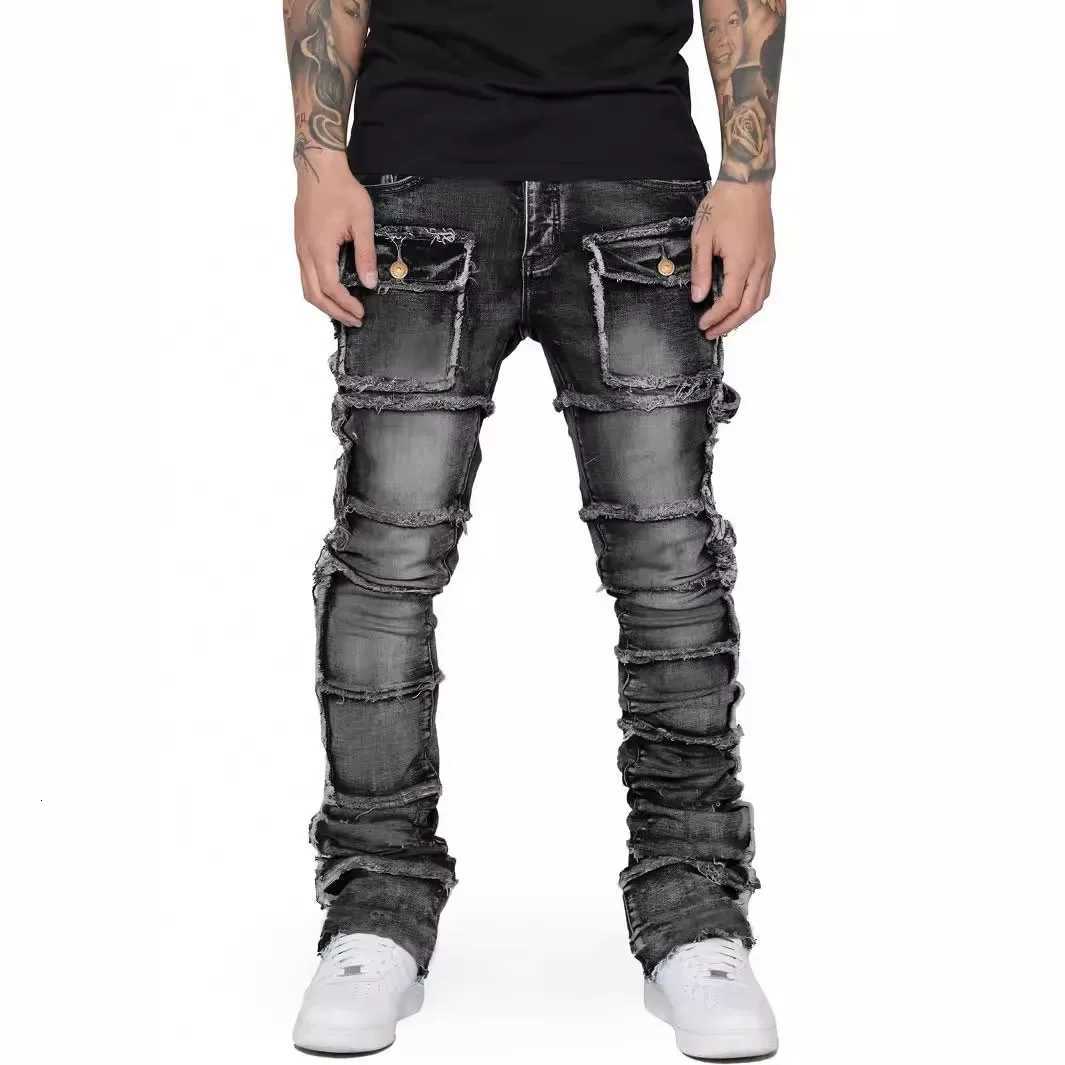 2025 New Trendy Men Jeans European and 1 Fashionable Workwear with Patch Elastic Laminated and Slightly Flared Men Den1 Y251105