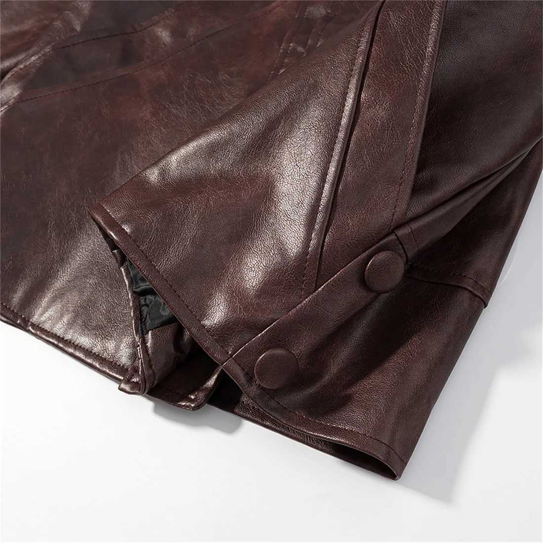 Womens Retro Brown Leather Jacket Loose Fit SingleBreasted Lapel Casual Street Style ThreeButton Fall 2025T251017