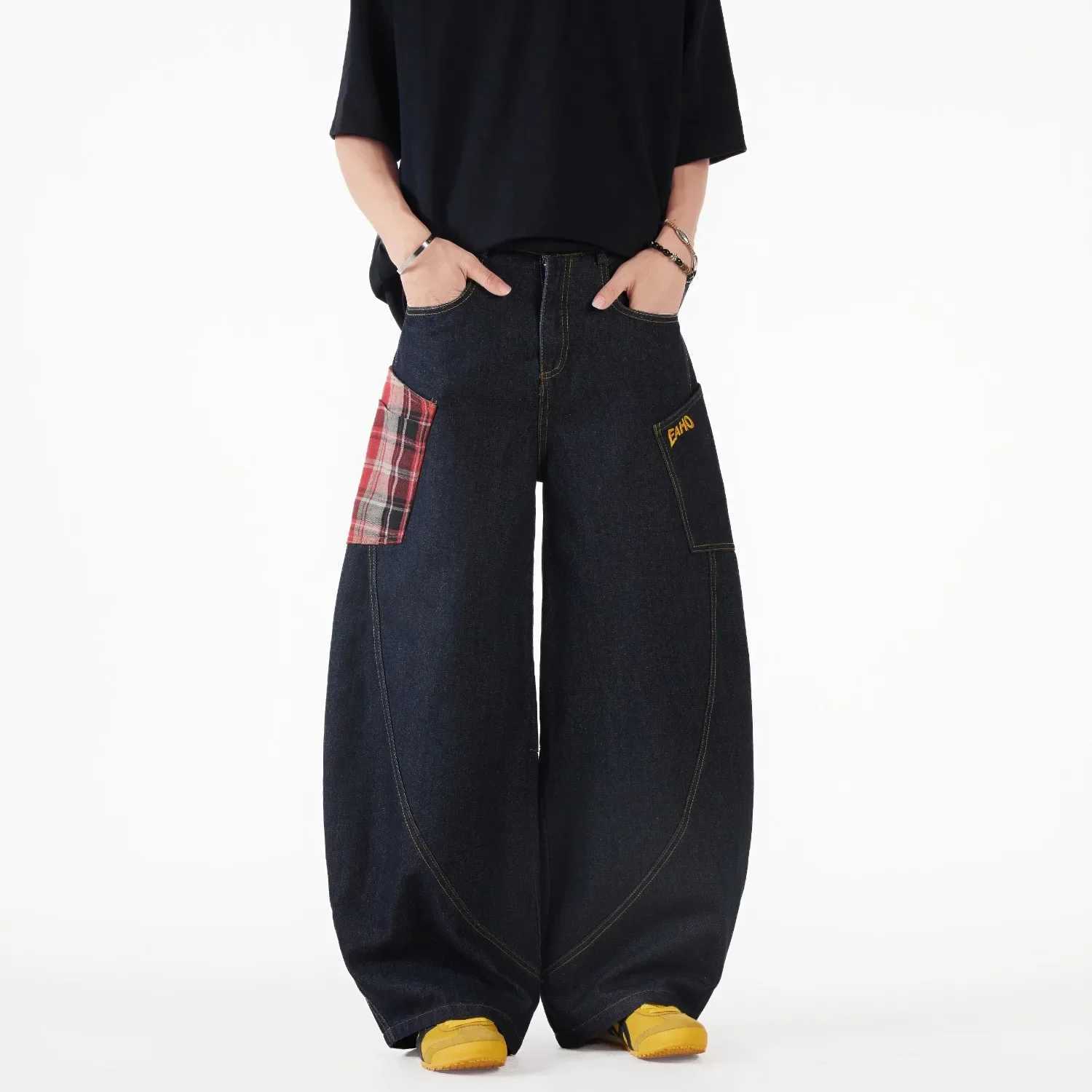 American Plaid Splicing Washed Cucumber Jeans Womens Summer New Wide Leg Loose Knife Edge FloorLength Pants J251016