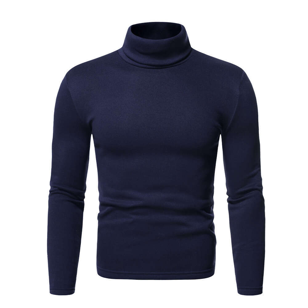 Autumn Winter New Men's High Collar Long Sleeve T-Shirt European Size Fleece Lined Solid Color Base Shirt Men 7 Colors B5