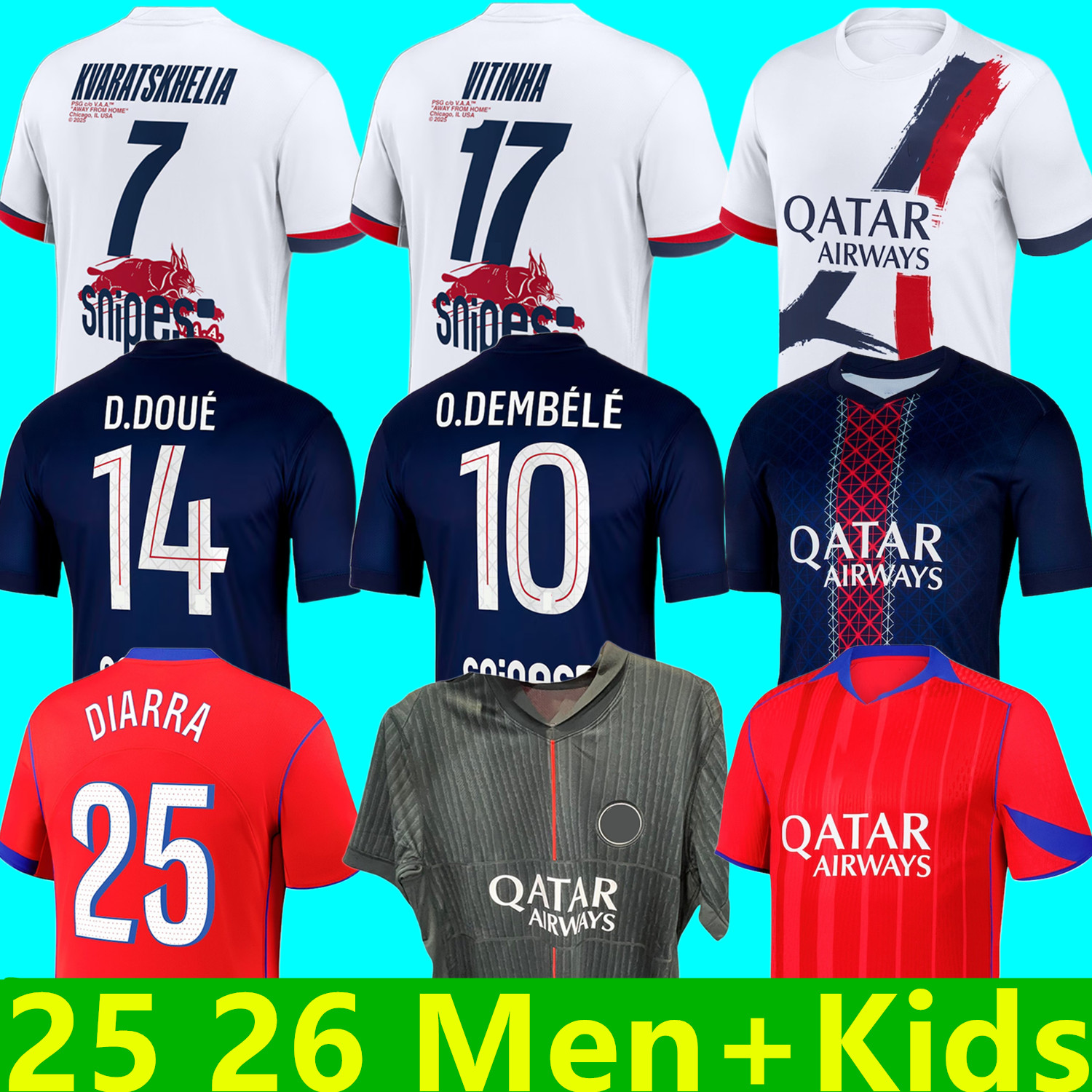FINAL 25 26 Maillot DEMBELE KVARATSKHELIA D.DOUE Soccer Jersey Kids Kit Player Fans Pre Match 2025 2026 Maglia Home Away Football Shirt HAKIMI VITINHA BARCOLA