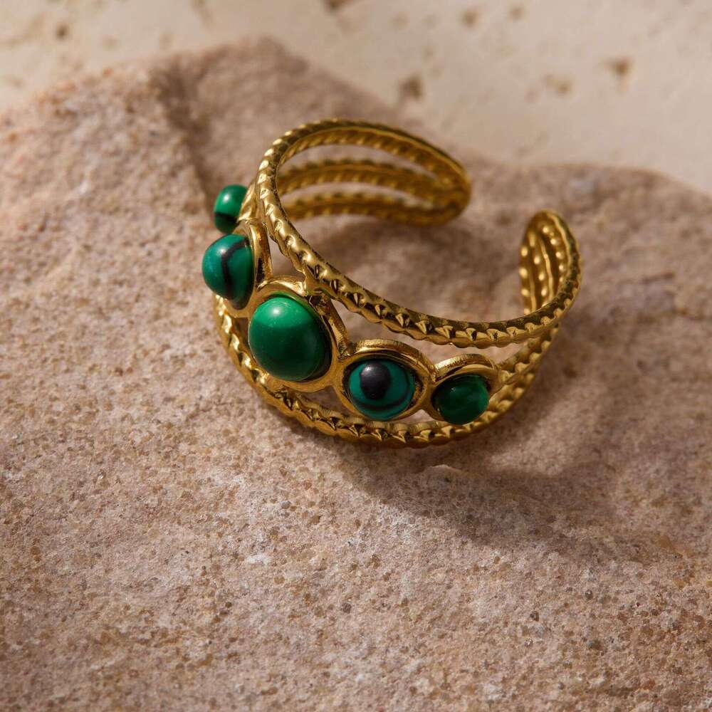 St.delan French Style Hollow Round Bead Turquoise Tiger Eye Stone Open Ring Women's Stainless Steel Jewelry ddmypluto