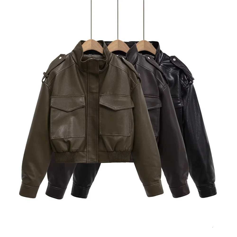 New Womens Fashion Versatile Bright Face Imitation Leather Stand up Collar Long Sleeve Short CoatT251017