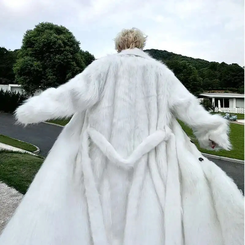 PNW Belt Single Breasted Thickened Winter Long Faux Fur Coat For Men Black White Fashion Loose Cottonpadded Coat 9C8121 251014