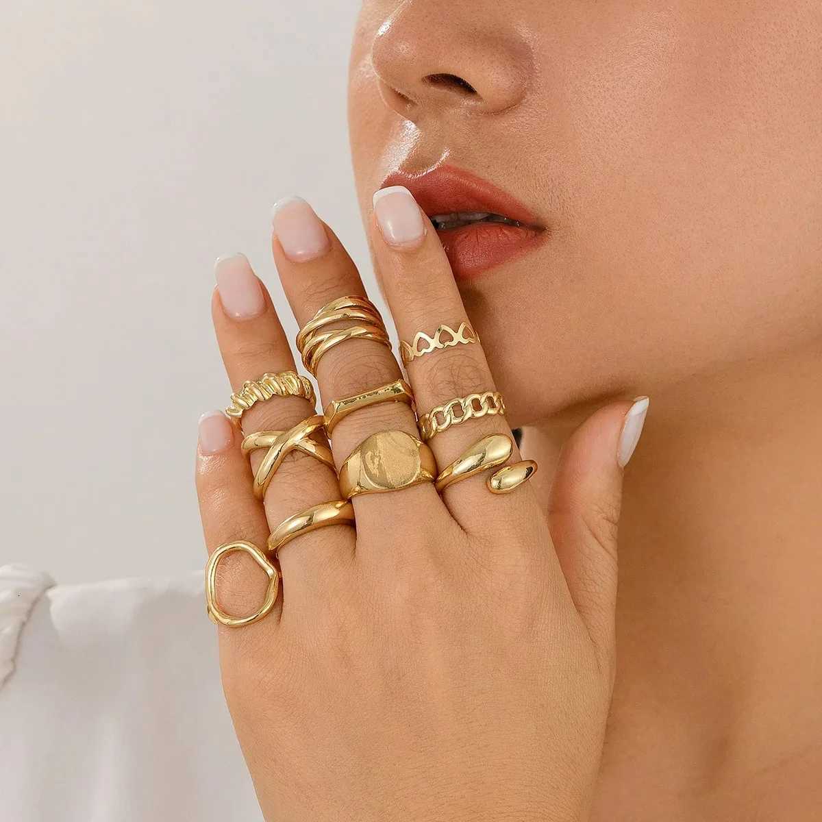 10PcsSet Geometric Trendy Gold Silver Color Cuff Rings Set for Women Girl Metallic Stainless Steel Minimalism Fashion Chic RingW251017