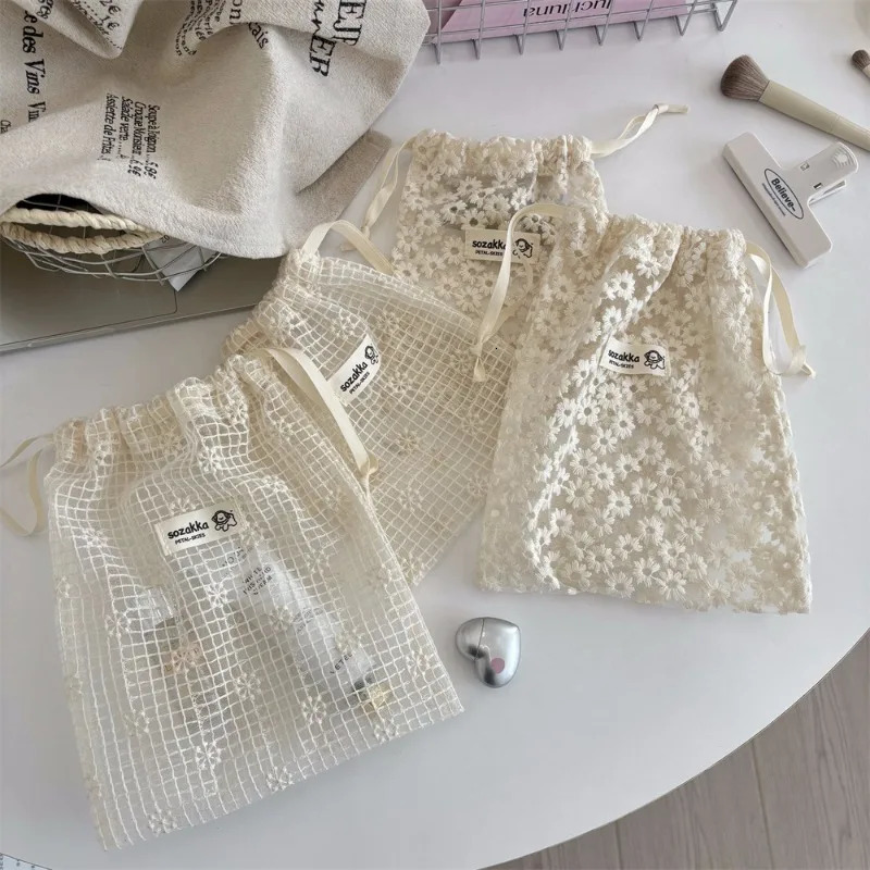 Lace Embroidered Daisy Mesh Drawstring Makeup Bag Cute Summer Travel Cosmetic Toiletry Organizer Storage Pouch for Accessories251011