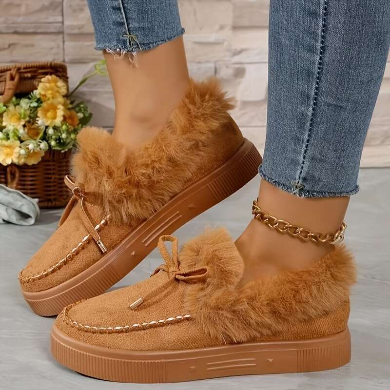 Women's Winter Bell-Bottom Slouchy - Cozy Round Toe Mid-Heel With Plush Faux Fur Trim, Soft Faux Cover-Like Synthetic Upper, Hand Washable Casual
