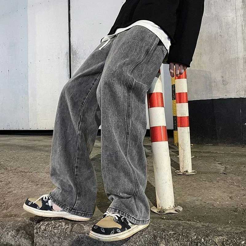 2024 New Streetwear Loose Jeans Men Korean Style Fashion Loose Straight Wide Leg Pants Mens Brand Clothing Black Light Blue Y251105