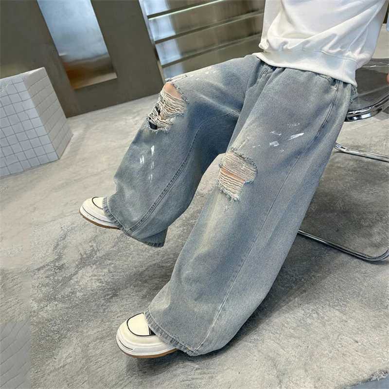 Cool Boys Street Style Ripped Baggy Jeans With Holes on the Knees Kids Child Fashion Broken Denim Pants with Drawings PrintT251017