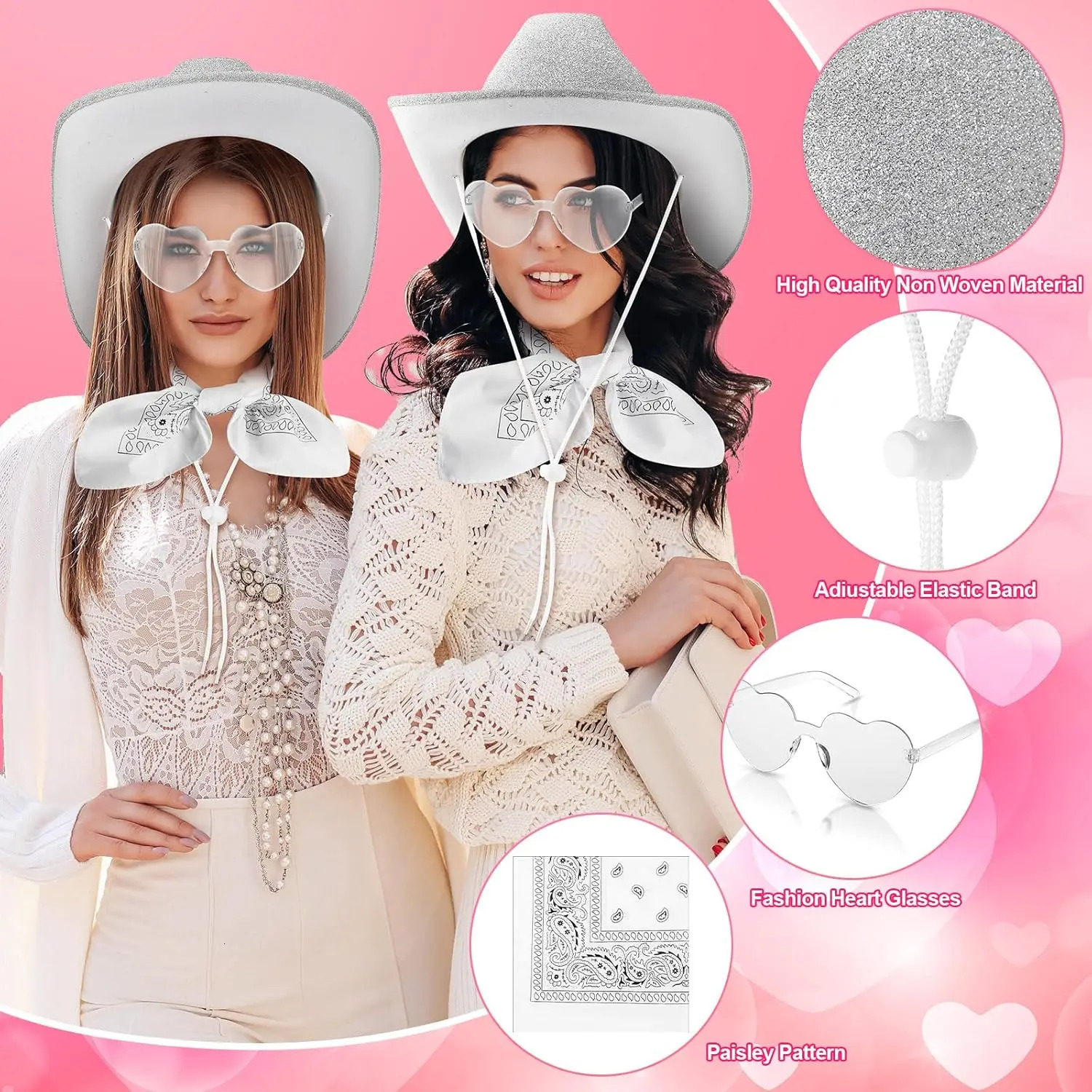 648Pcs Sparkly Cowboy Hat for Wedding Bachelorette Party Cowgirl Hats with Bandanas Heart Sunglasses Western Party Supplies 251015
