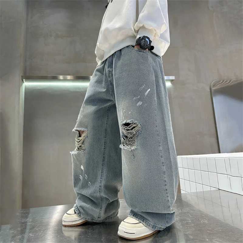 Cool Boys Street Style Ripped Baggy Jeans With Holes on the Knees Kids Child Fashion Broken Denim Pants with Drawings PrintT251017