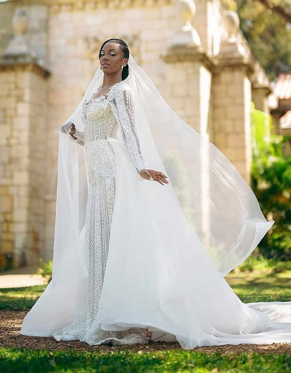 Classic Mermaid Wedding Dress V-Neck Bridal Gowns Shine Sequins Beads Bridal Dress 3D-Lace Vestina De Novia Plus Size Customized H252571