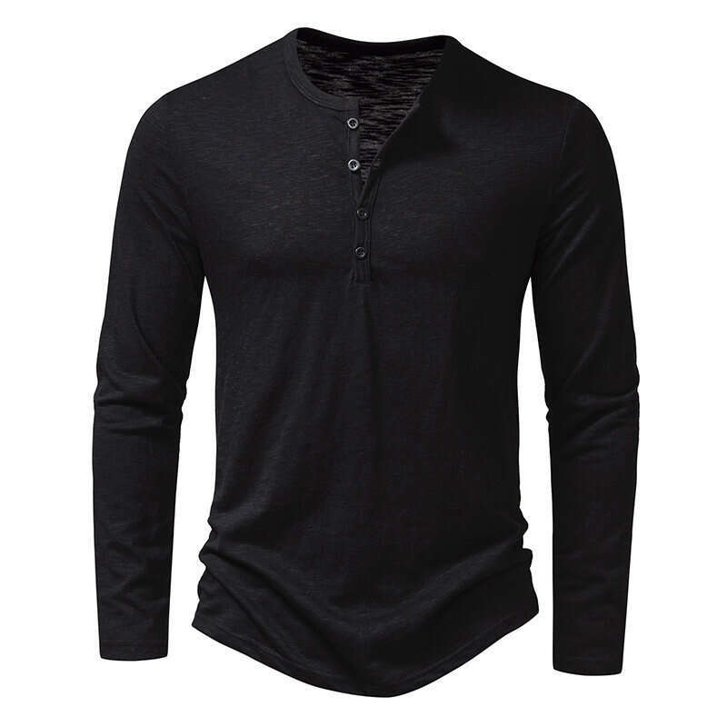 Men's Bamboo Cotton Henley Collar Polo Shirt Fashion Long Sleeve T-Shirt Men B5