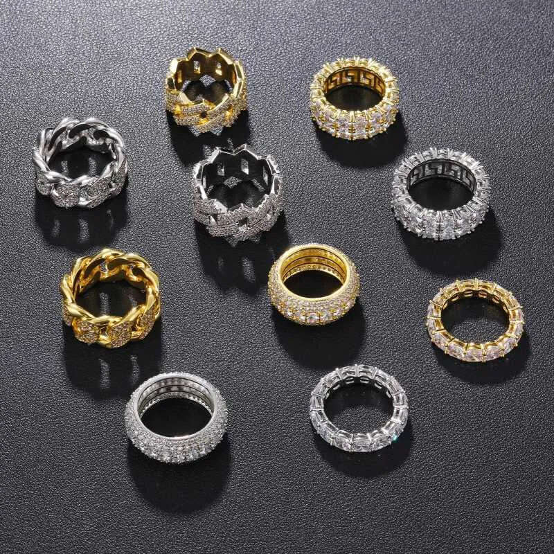 Fine Iced Out Hip Hop Cuban k Ring Gold Plated Sterg Sier Vvs Moissanite Dia Finger Band for Men