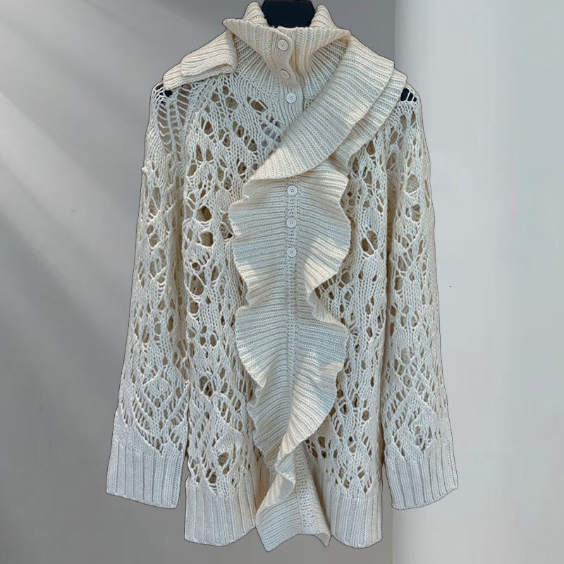 Luxury Women's Ruffle Neck Cashmere Blend Lace Knit Sweater Designer Beige Long Fit Turtle Neck Pullover Paris Fashion Detachable Collar Versatil