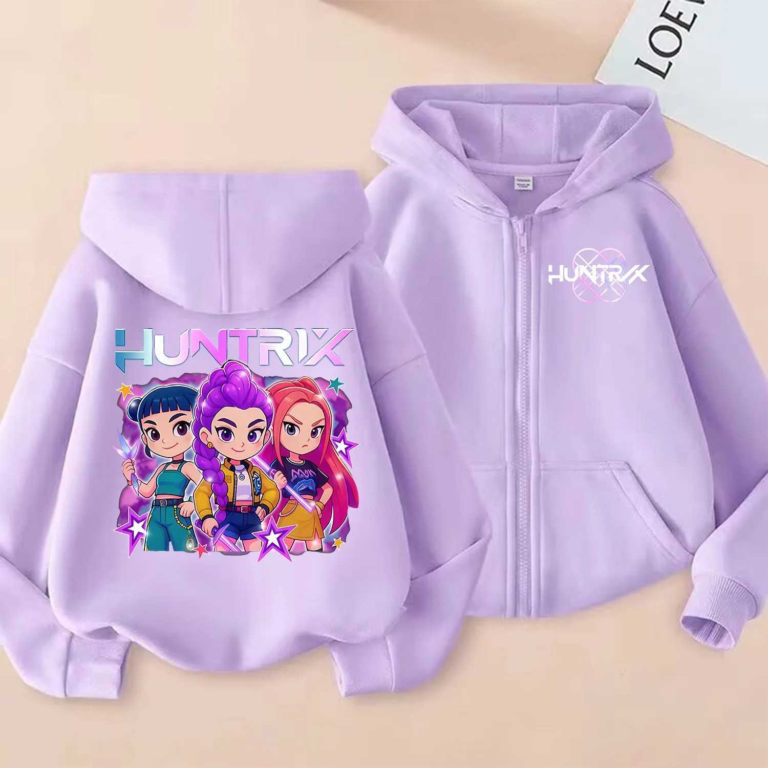 KPop Demon Hunters Zipper Hoodie Girls Coat Fashion Thin Clothes Purple Autumn Hoodie Jacket Kids Anime Sweatshirt Gift C251017