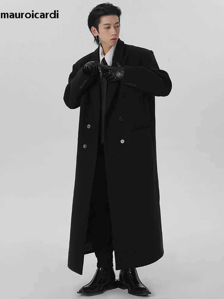 Mauroicardi Autumn Winter Extra Long Black Oversized Warm Wool Blends Coat Men Shoulder Pads Double Breasted Luxury Outerwear J251017