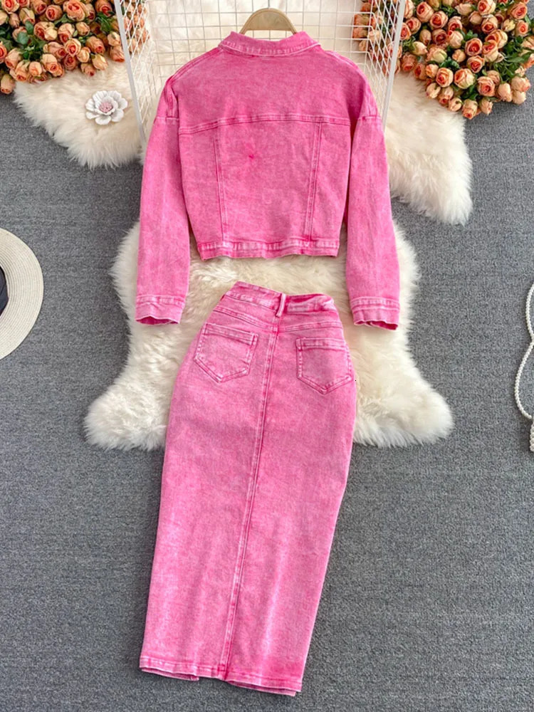 Autumn Women Pink Denim Sets Lapel Long Sleeve Short Denim Jacket High Waist Denim Skirt Korean Female Two Piece Set Streetwear 251017