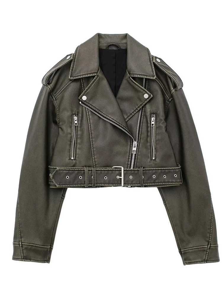 Vzvn Vintage Long Sleeve Lapel PU Leather Jacket Women Streetwear Solid Loose Zipper Coat 2025 New Autumn Winter Leather JacketT251017