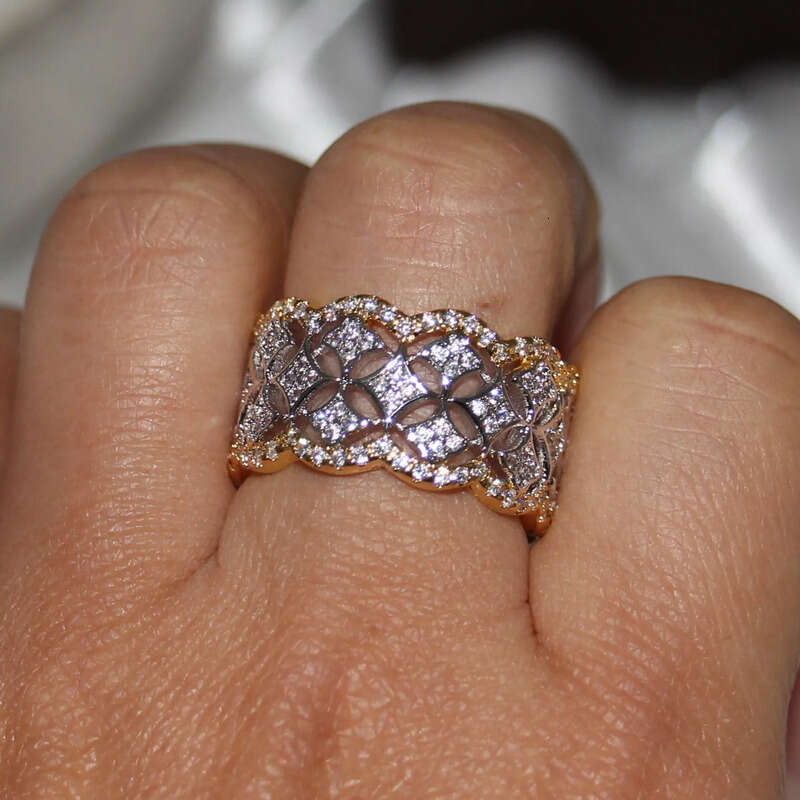 Size 5-11 Cool Cute Sparkling Jewelry Sterling Sier&Gold Filled Prismatic 5A CZ Diamoind Women Wedding Band Ring for Lovers'