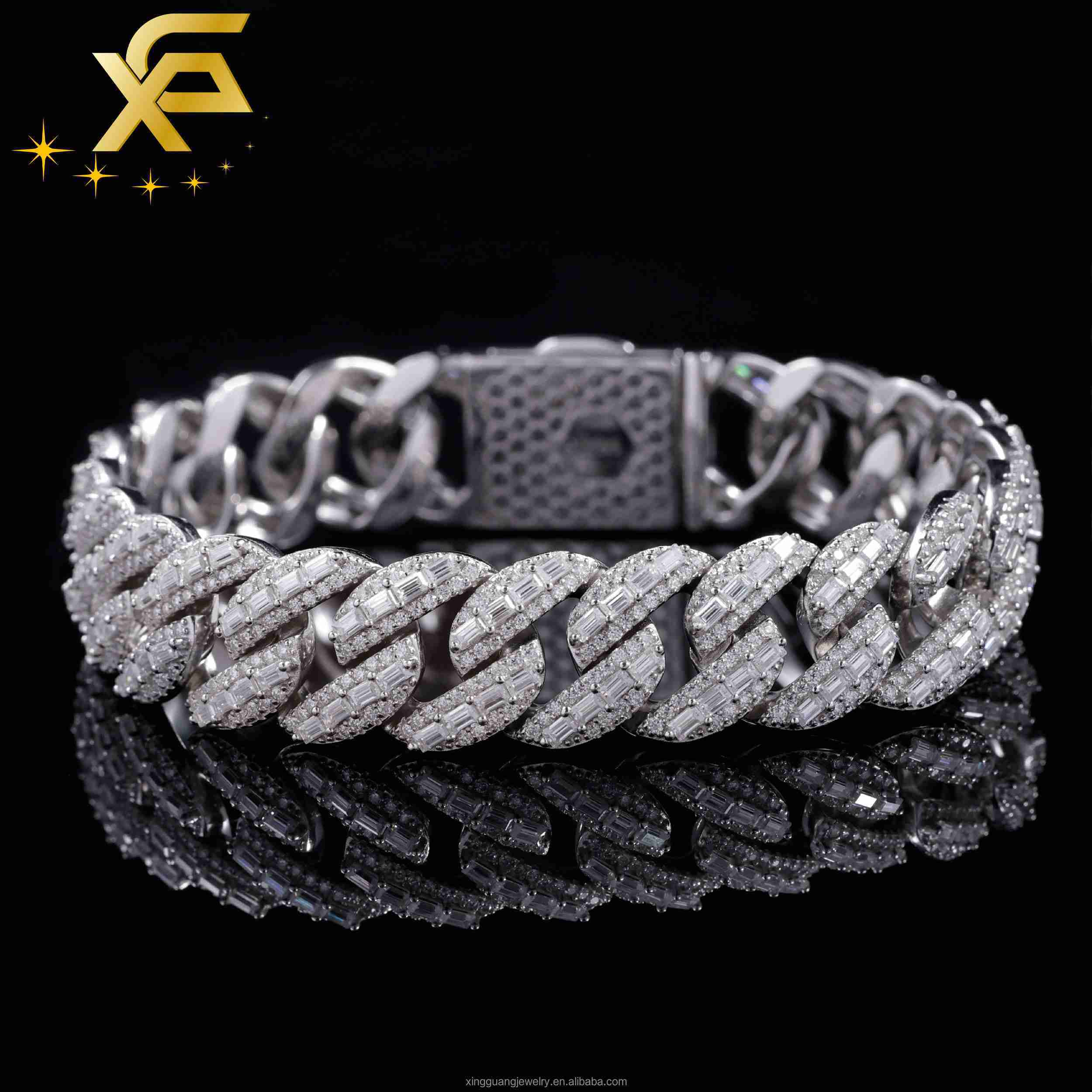 Premium Quality 925 Silver Cuban Lidynamic Chain 15MM VVS Moissanite Baguette Diamond Hip Hop Style Jewelry Cuban Bracelet