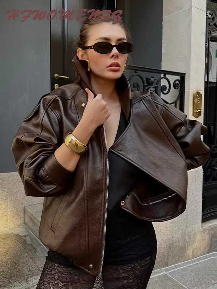 Pu Leather Solid Women Coat Full Sleeve Lapel Lady Jacket 2025 Autumn Winter Fashion Zippers Pocket Loose Chic Female OutwearT251017
