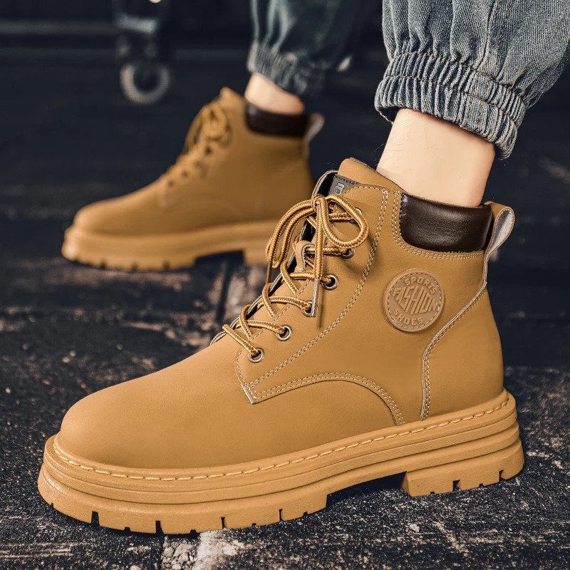 Mens high top boots four season outdoor work shoes anti slip and comfortable yellow boots fashion British casual leather boots 251013