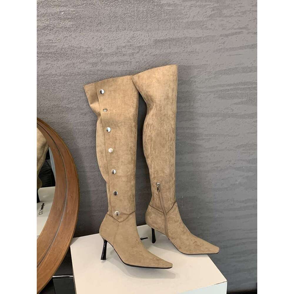 2025 French Style Women's Designer Shoe - Stacked Stiletto Heel Over-the-Knee Long Wrinkled Denim Riding Boots Casual & Chic