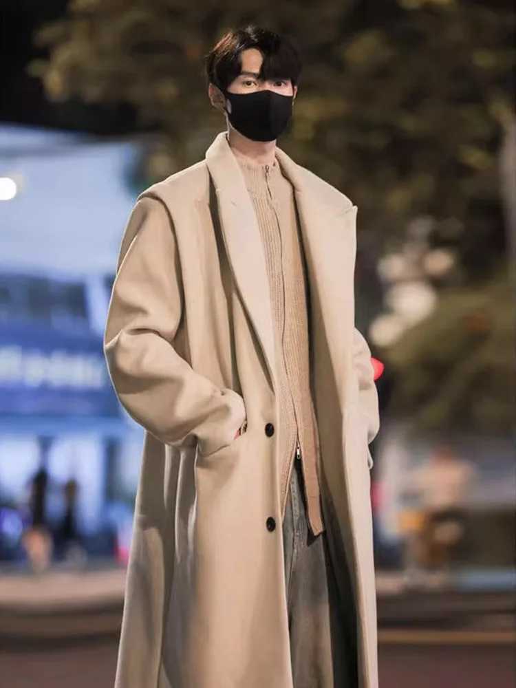 Korean Khaki Woolen Coat Mens Autumn Winter MidLength KneeOver Woolen Coat HighEnd Aosphere Outerwear J251017