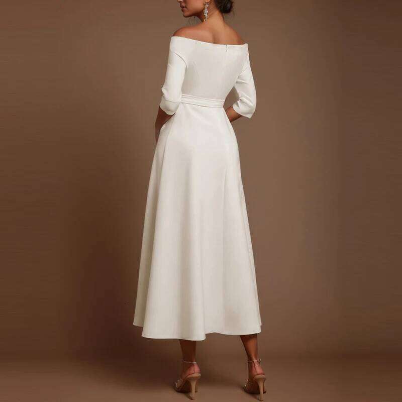 Women Sexy Off Shoulder Half Sleeve Party Elegant Temperament Waist Solid Long Fashion Draped Belt Tie-Up Maxi Dress