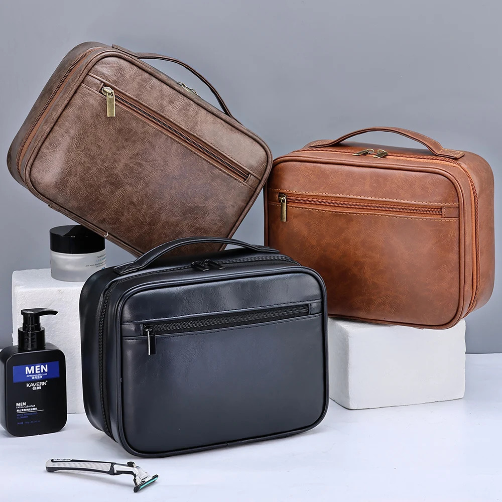 Zipper PU Leather Men Business Portable Storage Bag Toiletries Organizer Women Travel Cosmetic Bag Hanging Waterproof Wash Pouch251011