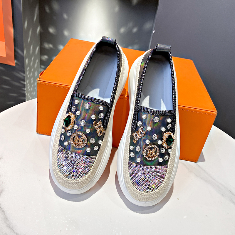 Women's Luxury Sneakers Rhinestone Decor oxhide Loafers Slip on Women's Designer Shoes Versatile Thick Sole Woven Shoes Comfortable Walking 