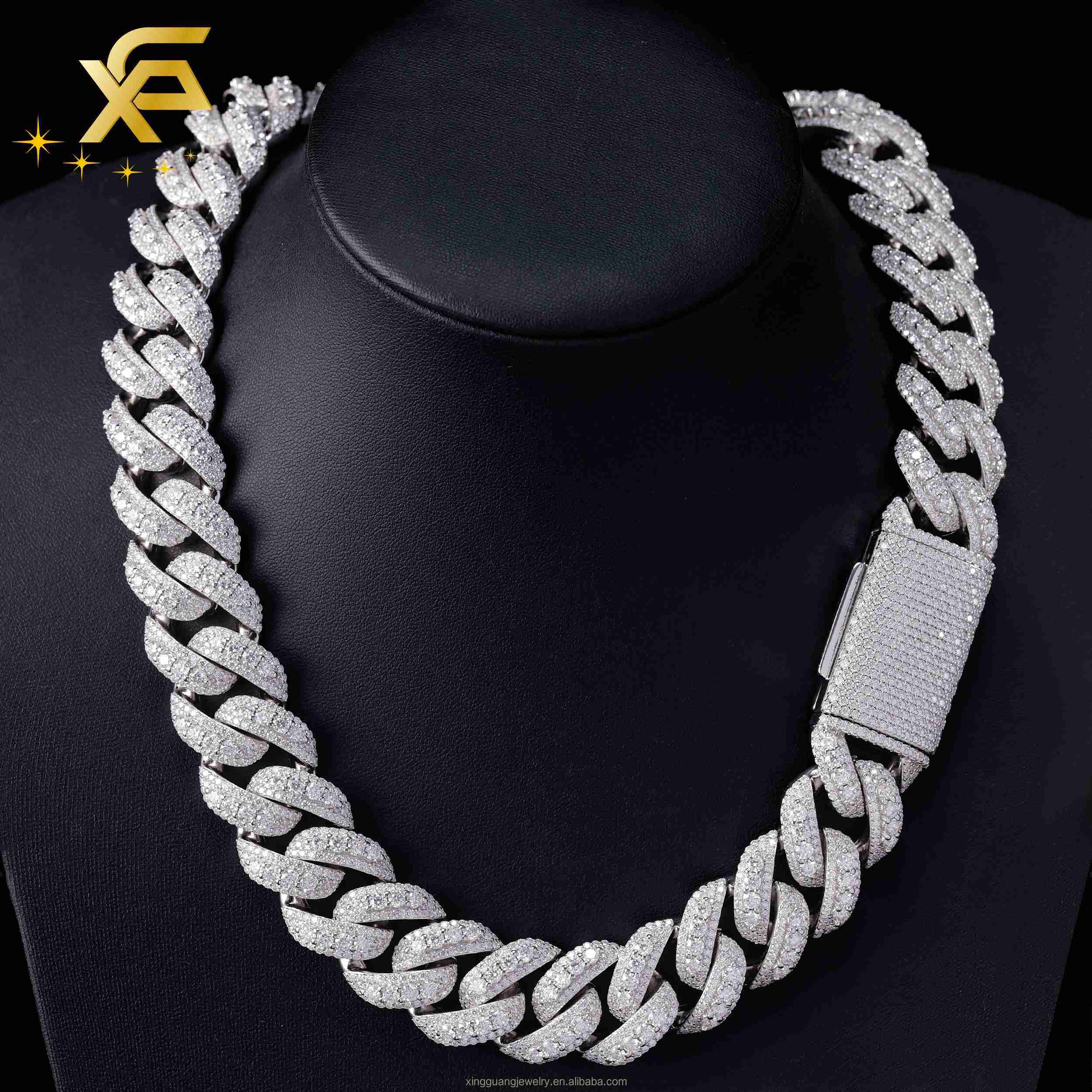XingGuang Best boutique 22mm Three Rows Moon Shape Ice Out Cuban Chain S925 Silver VVS Moissanite Chain Men Rapper Hiphop Necklace