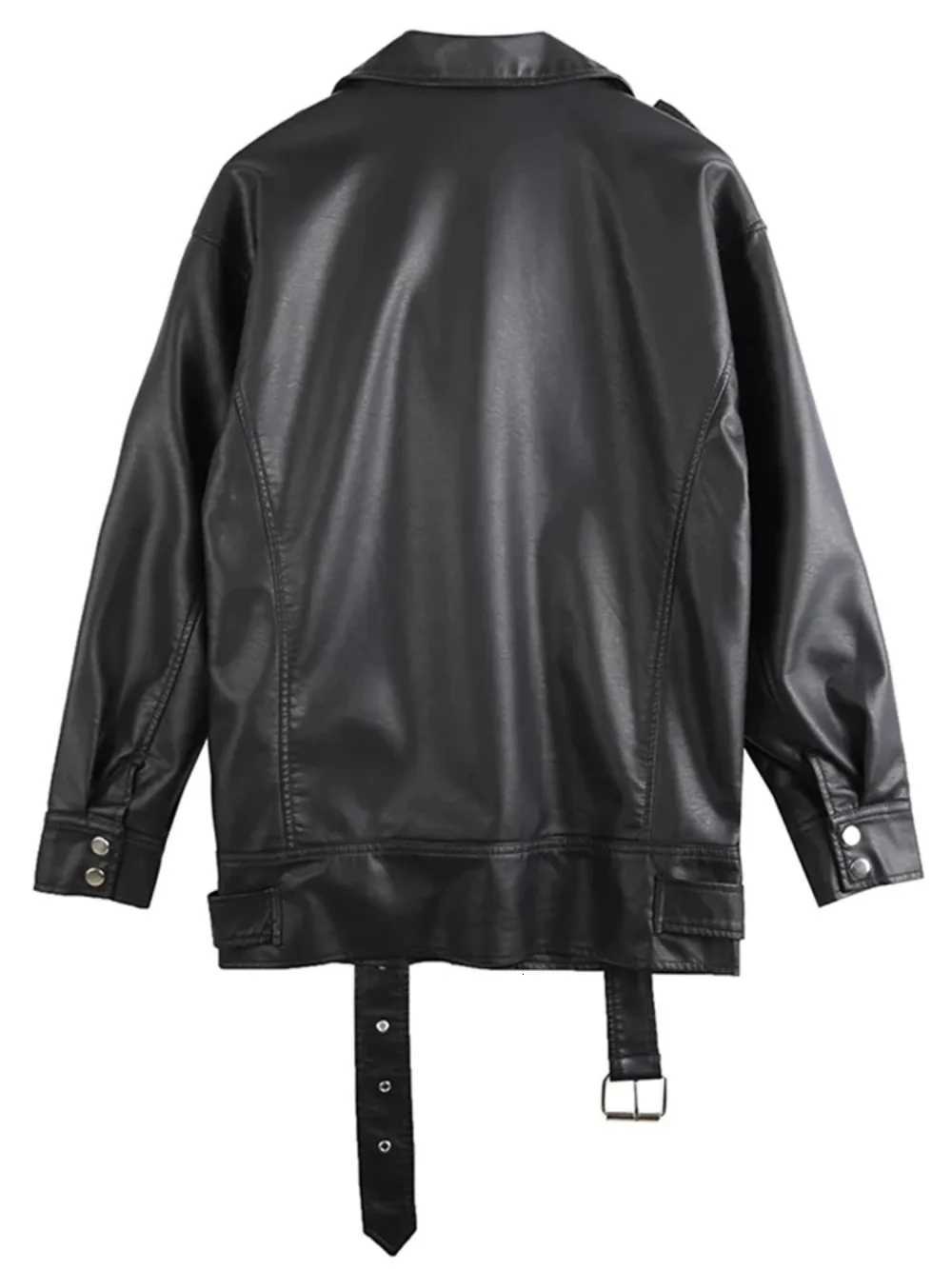 Black PU Leather Jackets Women with Belt Oversized Korean Loose Motorcycle Faux Leather Jackets Fashion Causal OuterwearT251017