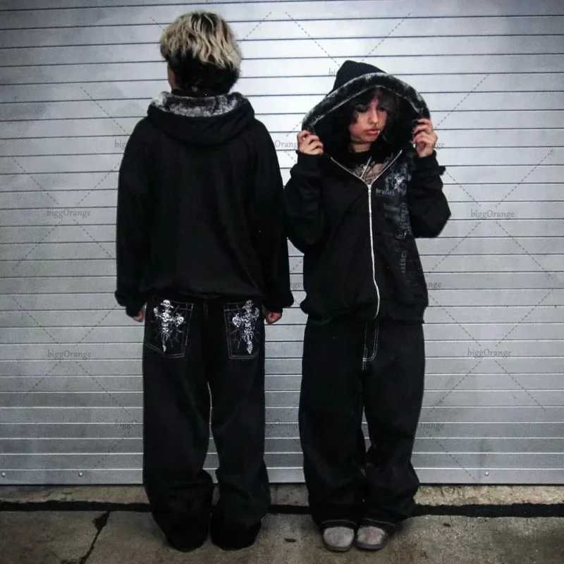 1 Street Hiphop Punk Rock Fashion Versatile Jeans Men Harajuku Y2K Casual Gothic Straight Wideleg Pants Women Y251105