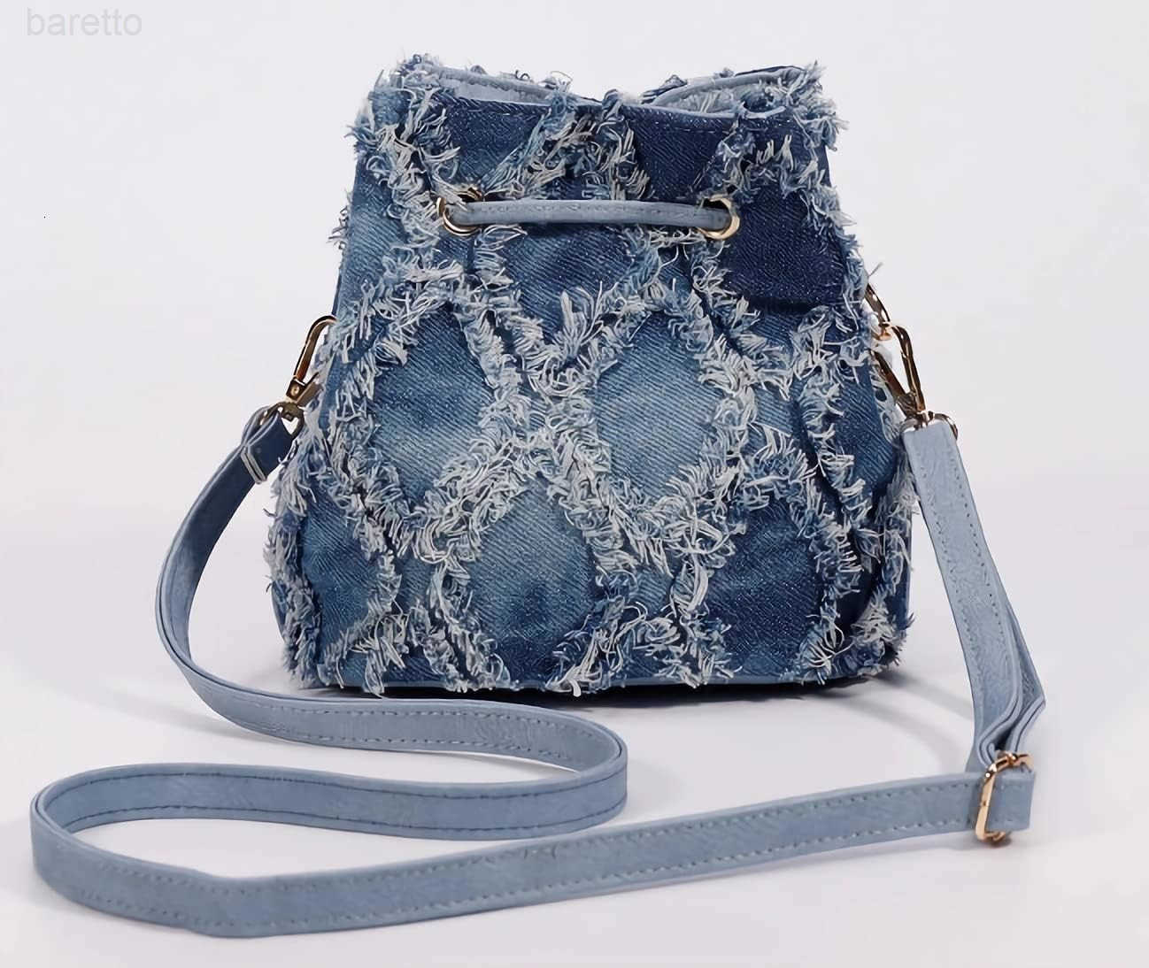 Womens Small Denim Bucket Purse Tiedyeing Quilted Distressed Shoulder Crossbody Bag Z251017