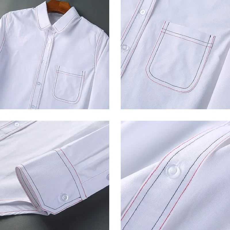 TB JL Womens Casual Oxford Shirt Butterfly Collar Color Block Red Blue Line Luxury Cotton Button up Top Fashionable Womens Clo J251017