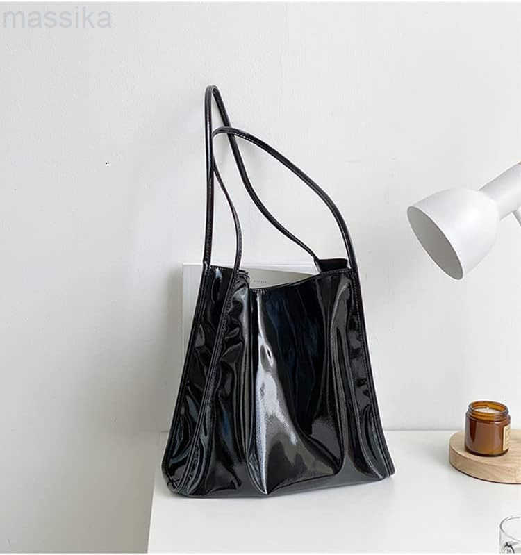 Women Patent Leather Bag Soft Tote Bag Shiny Shoulder Bag Minimal Purse Fashion Handbag M251017