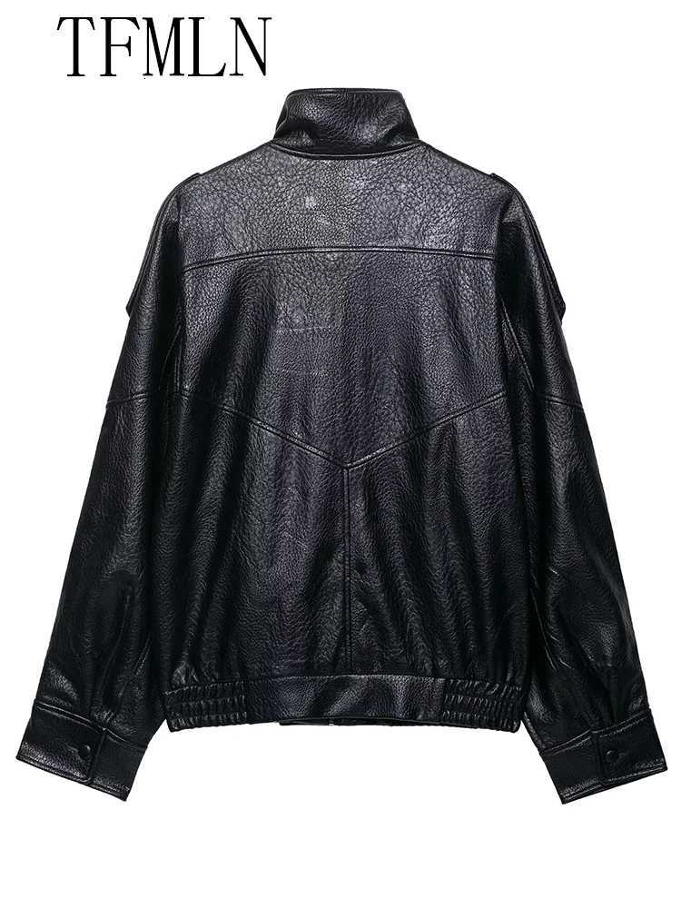 TFMLN 2025 Winter Women Faux Leather Loose Jacket High Street Stand Collar Long Sleeve Coat Fashion Zipper Thicken OutwearT251017
