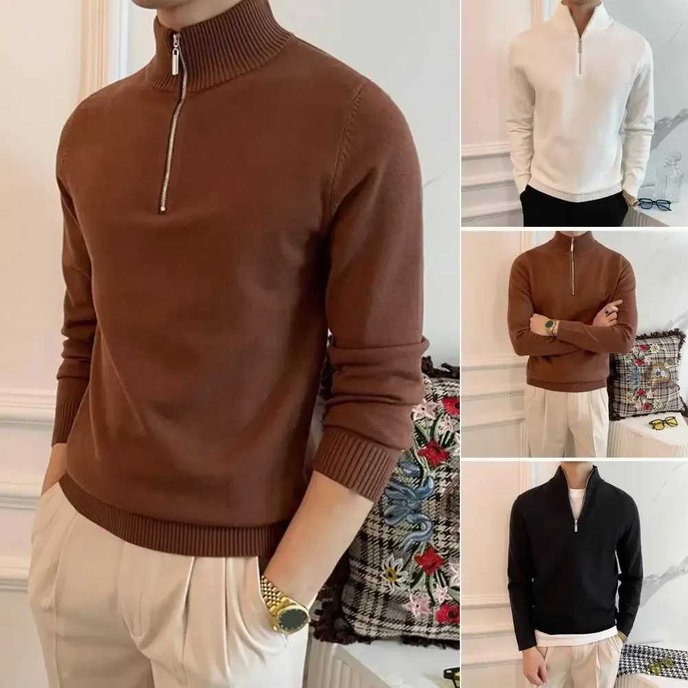 Ribbed Collar Sweater Mens Fall Winter Zippered Halfhigh Collar Sweater Retro Knitted Thick Warm Pullover for Daily Wear Long Z251017