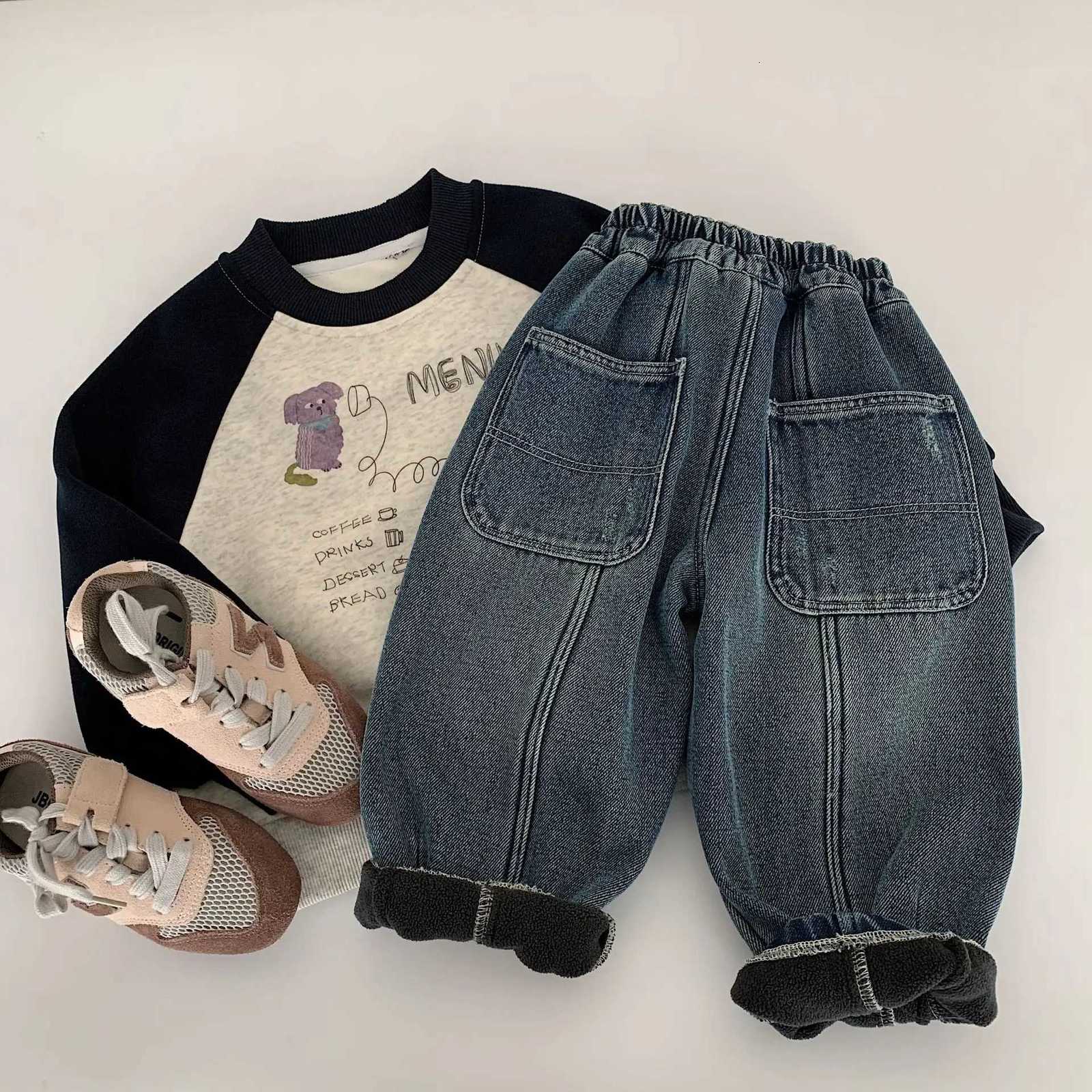Toddler Kid Boy Jeans 2025 Winter Solid Color Children 38Y Boys Casual Thick Warm Trouser Elastic Waist Teenager Boy Harem PantT251017