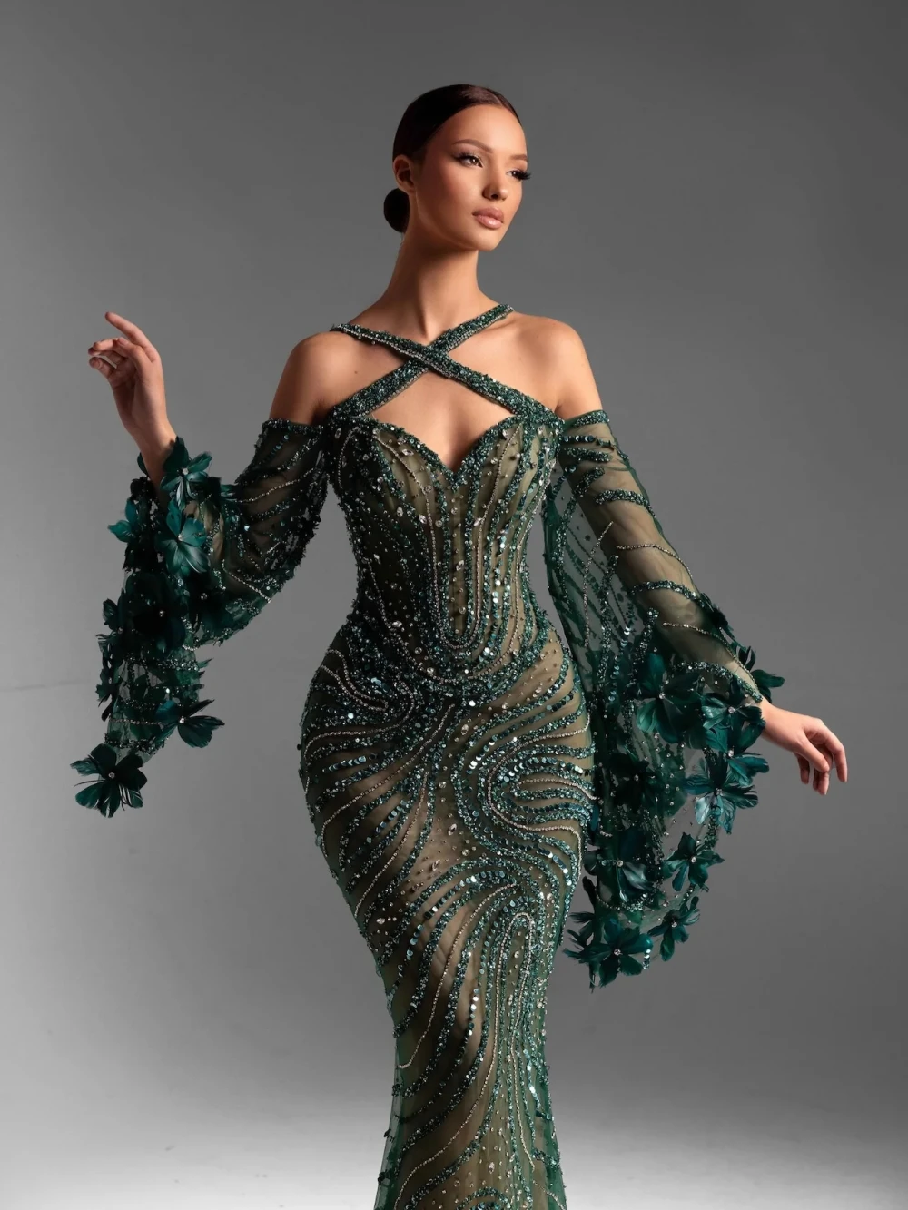 Modern Sequins Evening Dresses Beading Rhinestone Prom Dress 3D Flowers Illusion Mermaid Party Gowns Vestidos De Noche