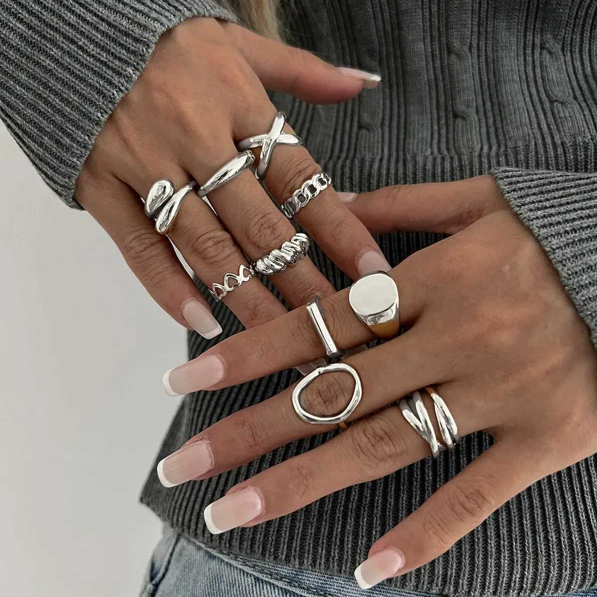 10PcsSet Geometric Trendy Gold Silver Color Cuff Rings Set for Women Girl Metallic Stainless Steel Minimalism Fashion Chic RingW251017
