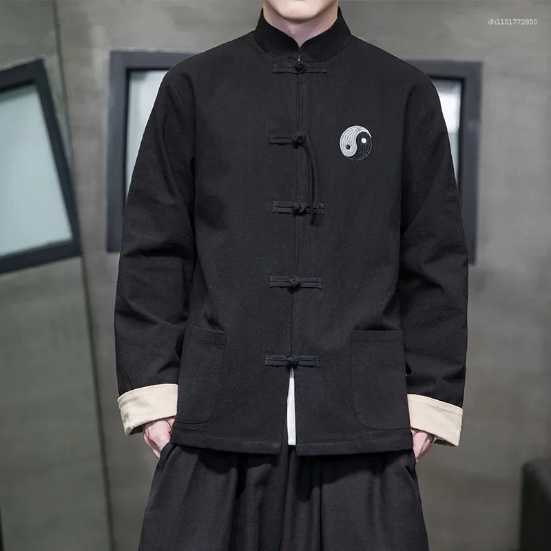 Men's Jackets Chinese Style Jacket Stand Collar Button Up Retro Tang Costume Hanfu Loose Fit Regular Length Outerwear Coat