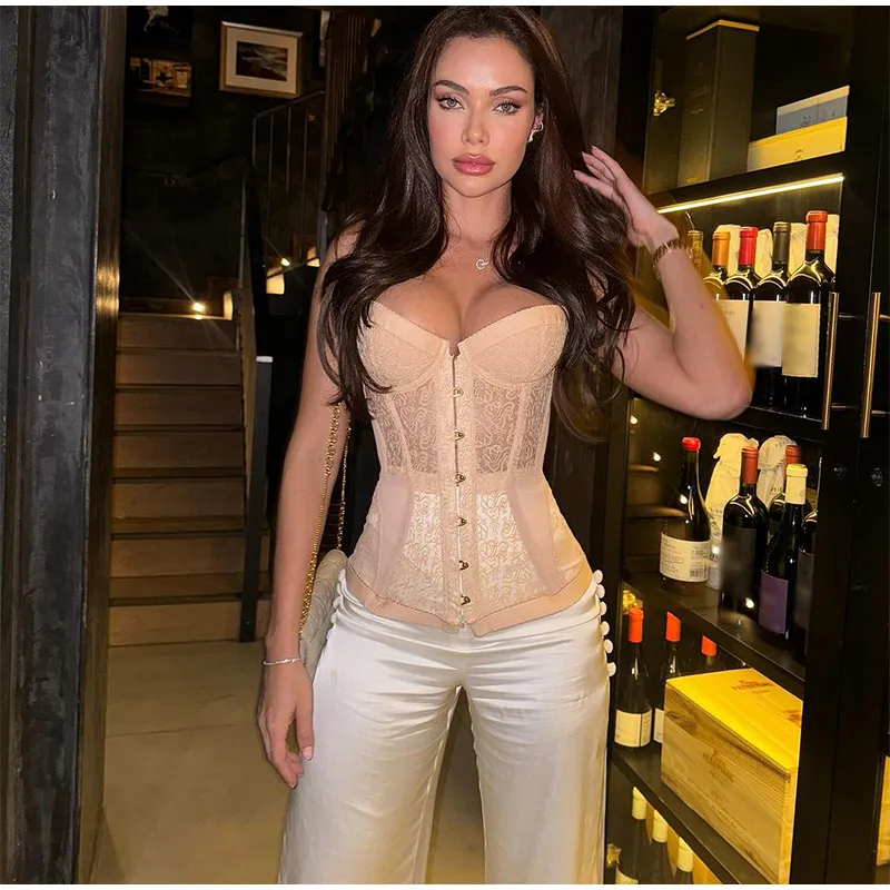 Sexy Lace Strapless Corset Fitted Top Designer All-Purpose Vest Women Slim Bandage V-neck Single Breasted Fishbone Tops 2025 Summer Lady All-match Tan