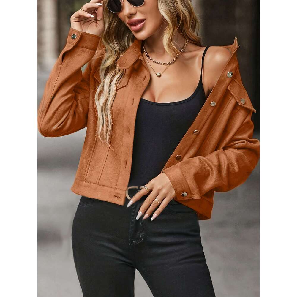 Plus Jacket Soft Stretchy Faux Suede Plus Size Women's Elegant Long Sleeve Button-Front Jacket | Solid Color With Stand-Up Collar & Chest Pockets
