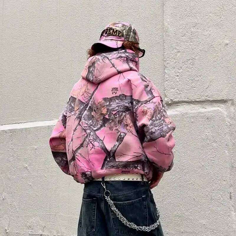Retro Zip Up Hoodie Pink Branch Camo Print Pattern Sweatshirt Streetwear Trendy Casual Camouflage Unisex Boxy Coat