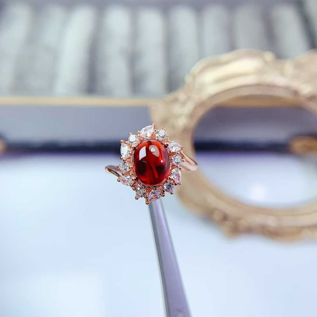 Cabochon garnet ring real 925 silver gemstone jewelry with 18K gold plating 7mm*9mm natural garnet ring with certificate