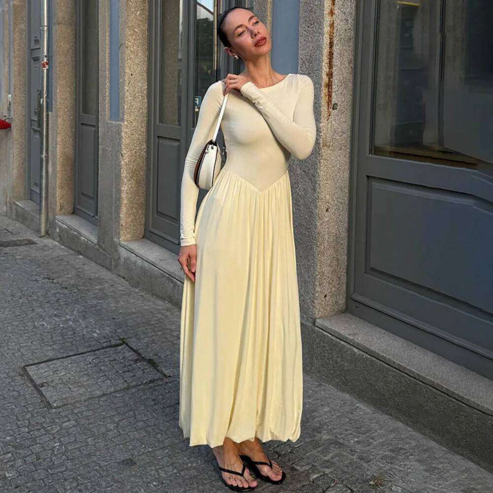 Blifanbo Autumn Round Neck Sleeve For Women Slim Elegant Fashion Pleated High Waist Patchwork Long Dress Vestido